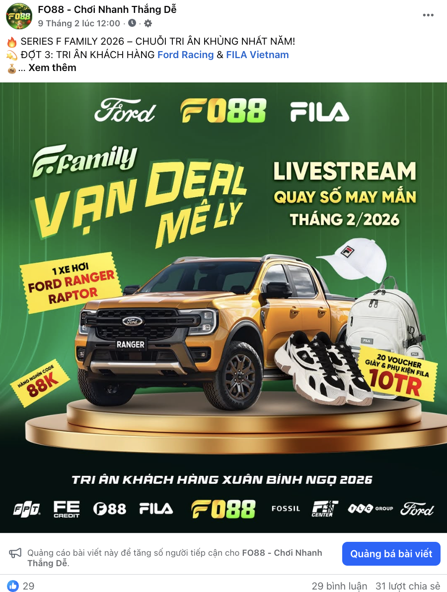 Các giải thưởng trong đợt 3 chương trình F Family bao gồm xe Ford Ranger Raptor trị giá 2 tỷ đồng và 20 voucher Fila 10 triệu đồng được FO88 công bố trên fanpage chính thức