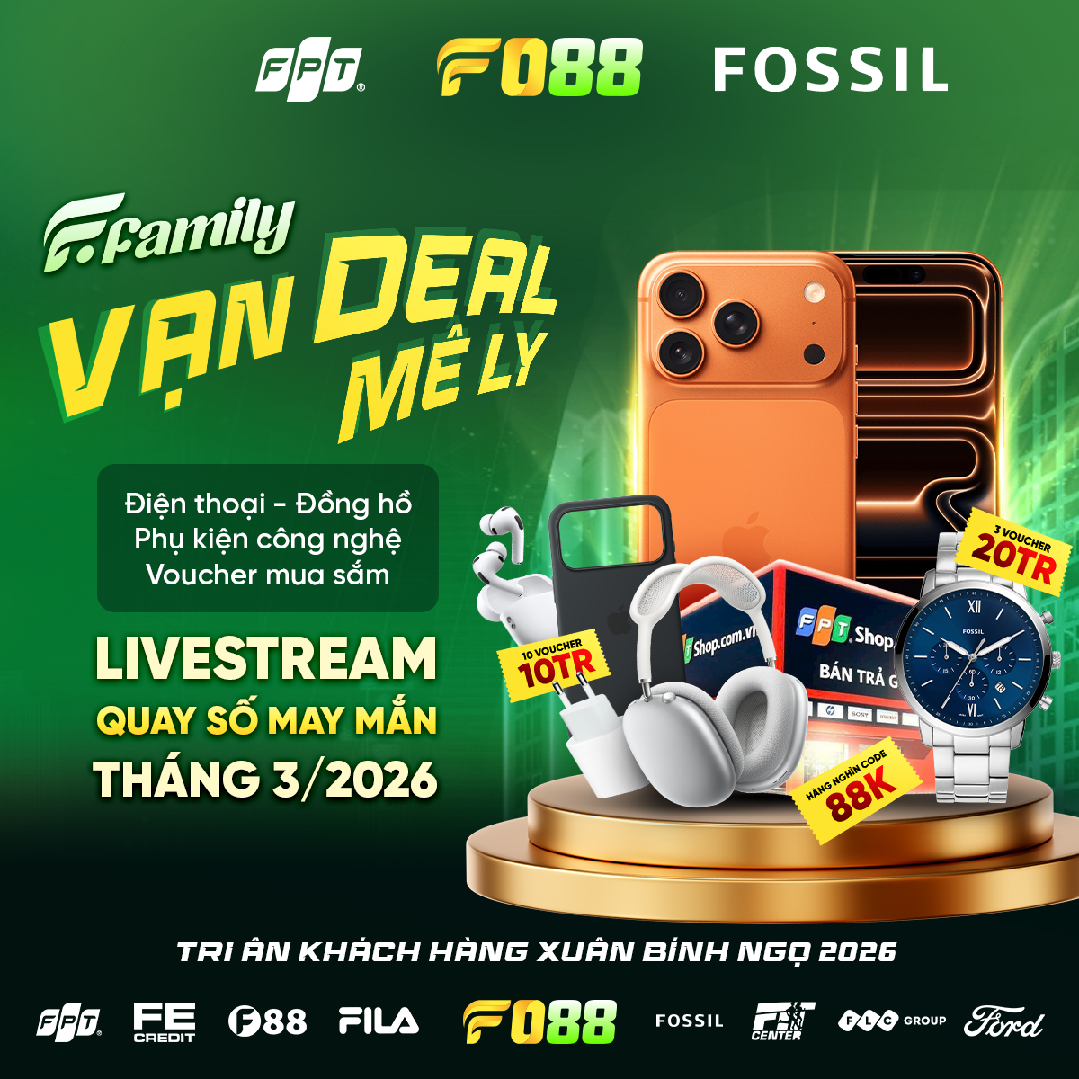 Hình ảnh giải thưởng iPhone 17 Pro Max 1TB trị giá 60 triệu đồng và loạt các voucher quà tặng khác từ FPT Shop & Fossil trong chương trình F Family